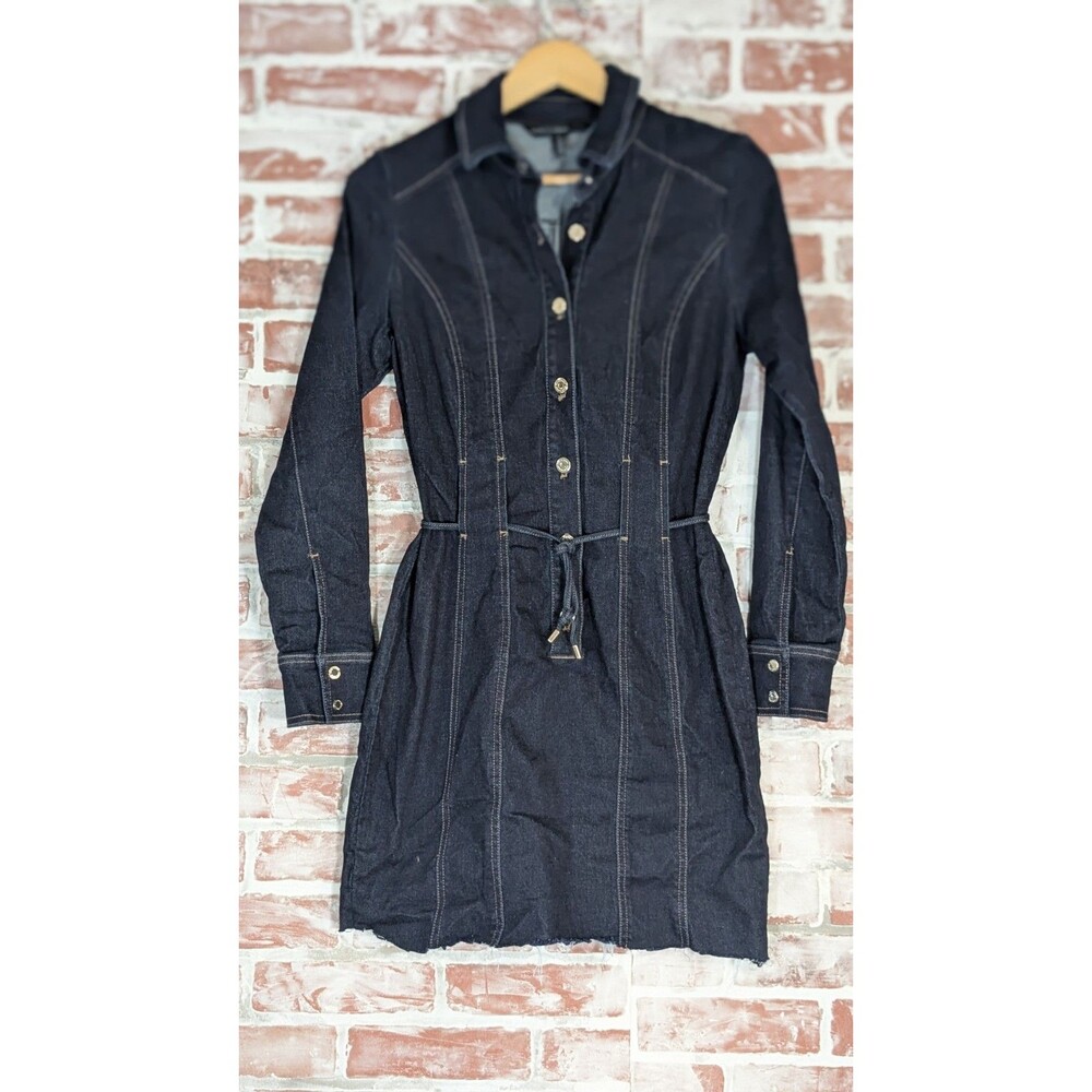 WHBM Stretch Dark Denim Shirt Mini Dress Stretchy Western Cowgirl 6